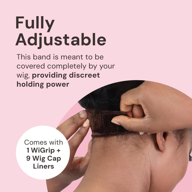 MILANO COLLECTION WiGrip Comfort Band with 9 Pack Nylon Wig Cap Liners Combo, Non-Slip Velvet Wig Grip Band & 9 Elastic Wig Caps, Adjustable, One Size Fits All, Chocolate Brown - Image 2